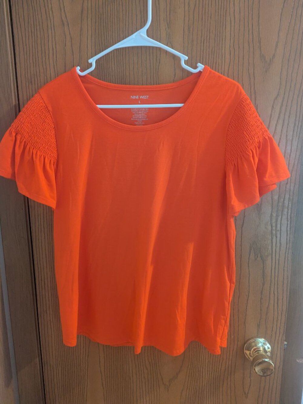 Nine West Flutter Ruching Short Sleeve Orange Top Color Pop Casual-Women's L